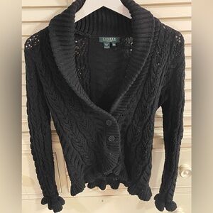 Lauren Ralph Lauren Black Cable-Knit Shawl Collar Cardigan